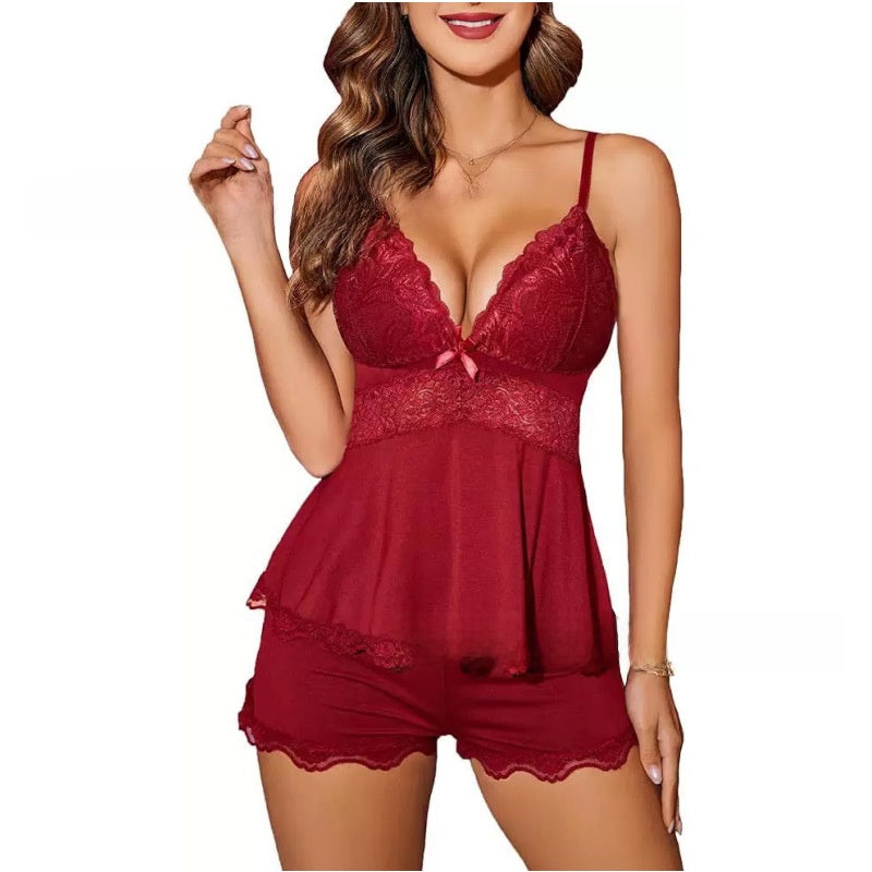 Women's comfortable lace-edged halter top, sexy underwear, short pants, home wear set