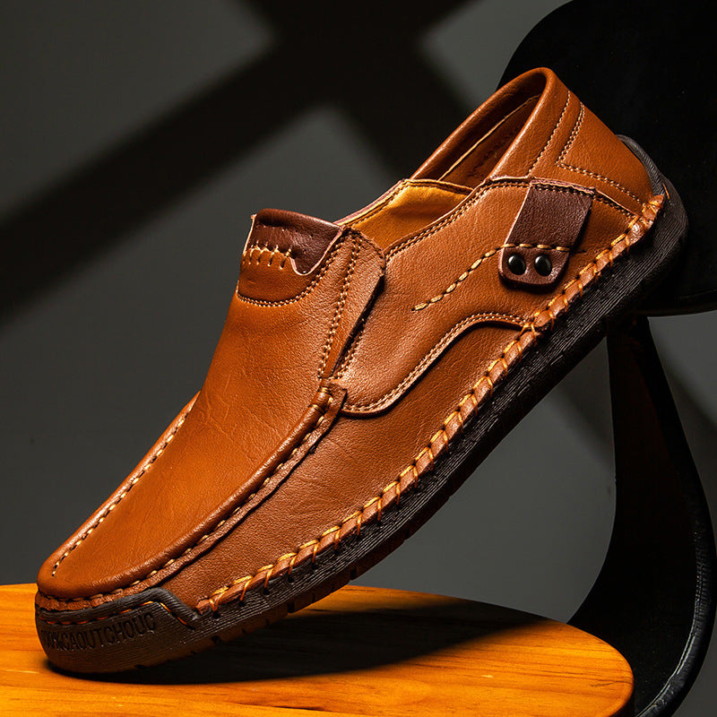 Hand-stitched Men's Loafers Slip-on Flat Leather Shoes Outdoor Casual Plus Size